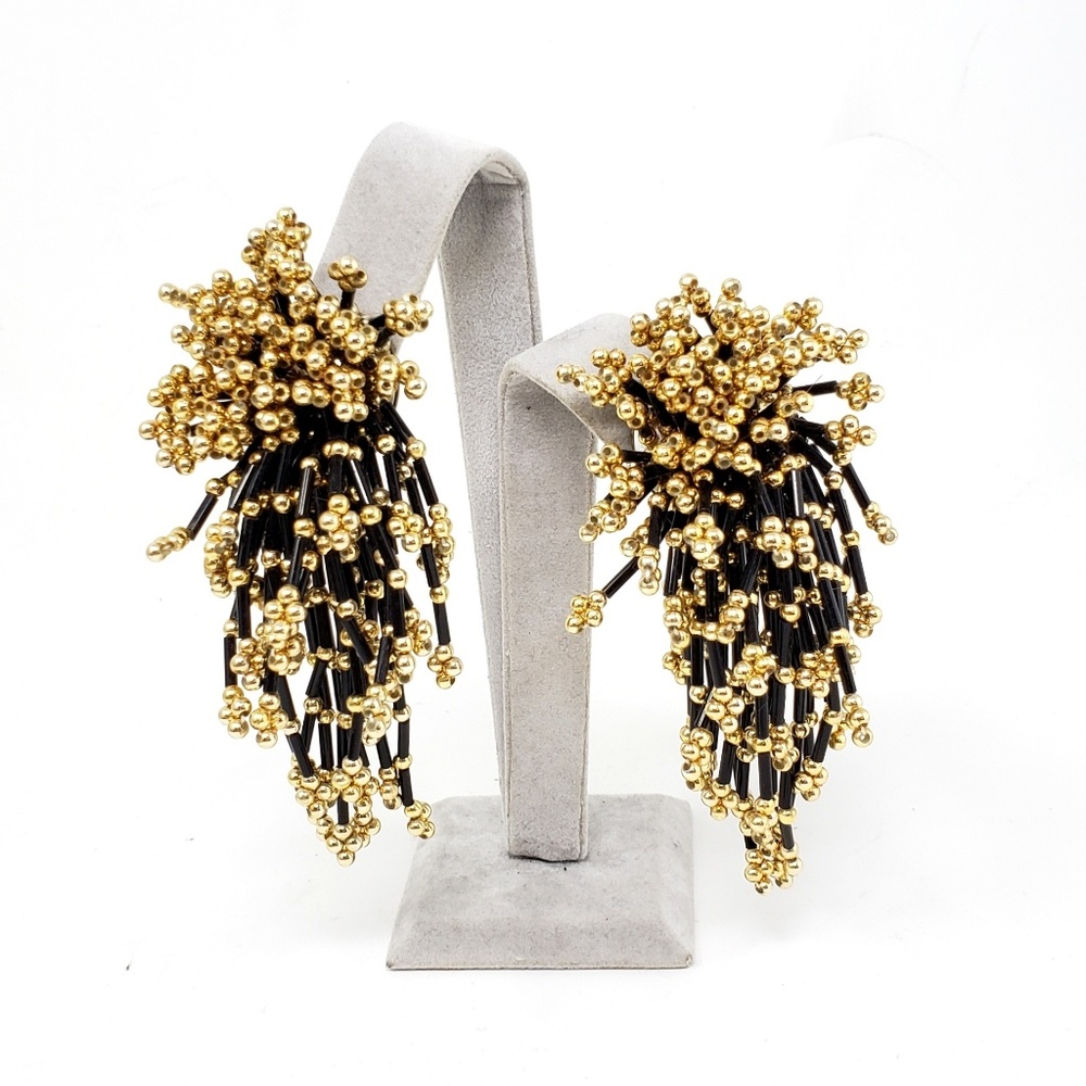 Vintage Black & Gold Beaded Clipon Earrings